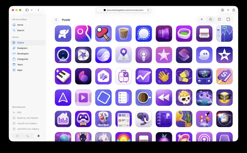 Screenshot of a wall of icons tagged as “purple” on iosicongallery.com