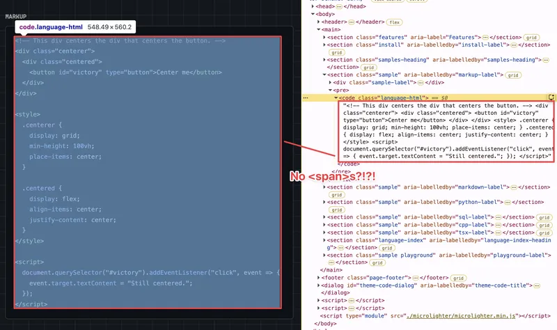 Screenshot of the microlighter website with the webpage code sample on the left 