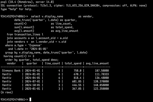 A psql session in Terminal