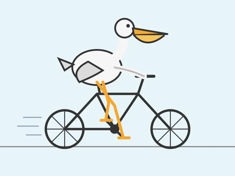 Minimalist flat illustration of a white pelican with an orange beak riding a bla