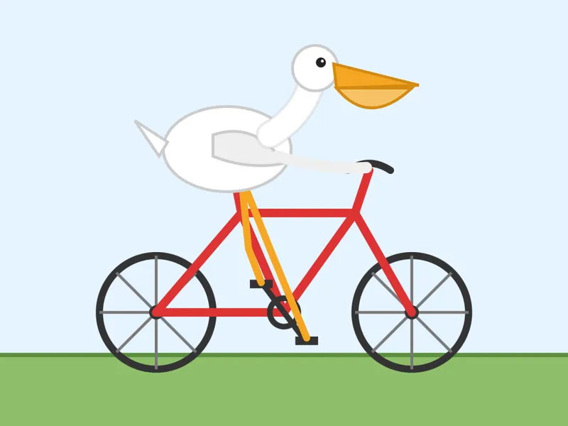 Minimalist flat-style illustration of a white pelican with an orange beak riding
