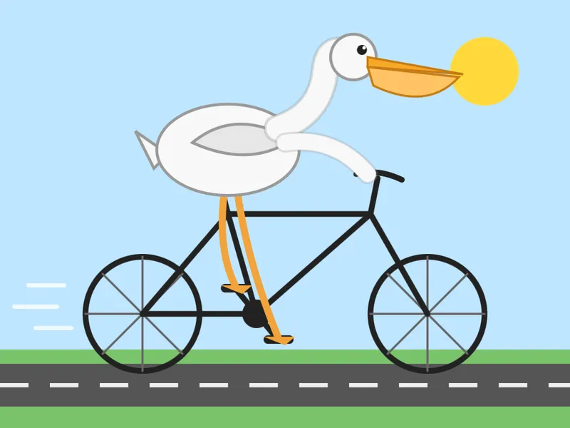Minimalist flat illustration of a white pelican with an orange beak riding a bla