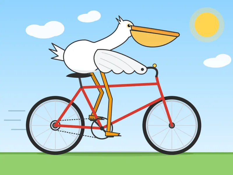 Minimalist flat illustration of a white pelican with an orange beak riding a bla