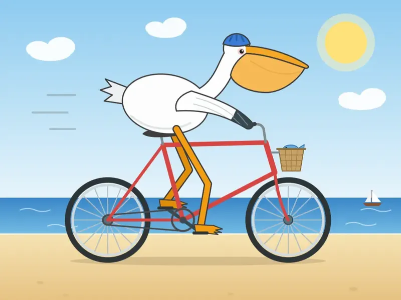Minimalist flat illustration of a white pelican with an orange beak riding a bla