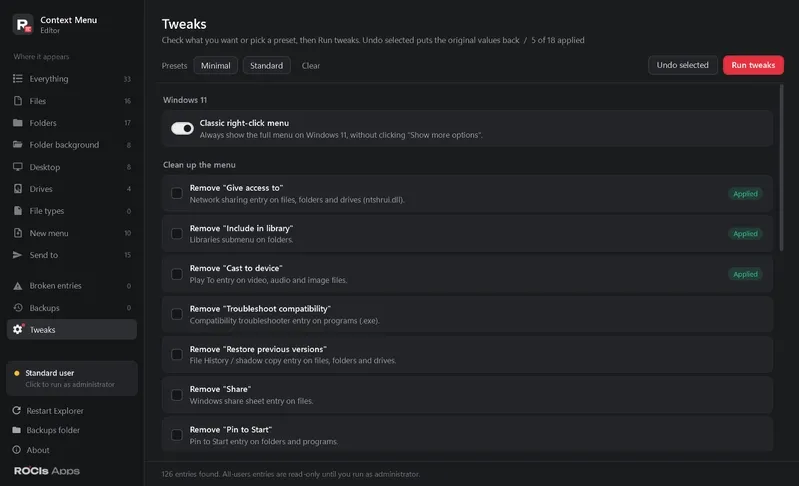 Context Menu Editor's Tweaks page: a checklist of menu clean-ups with Minimal an