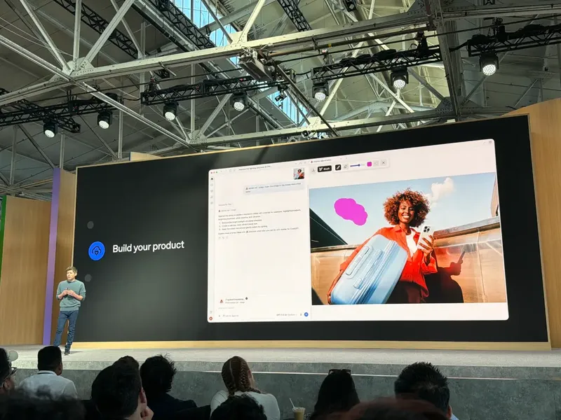 A presenter stands onstage at a technology event beside a large screen headed “B