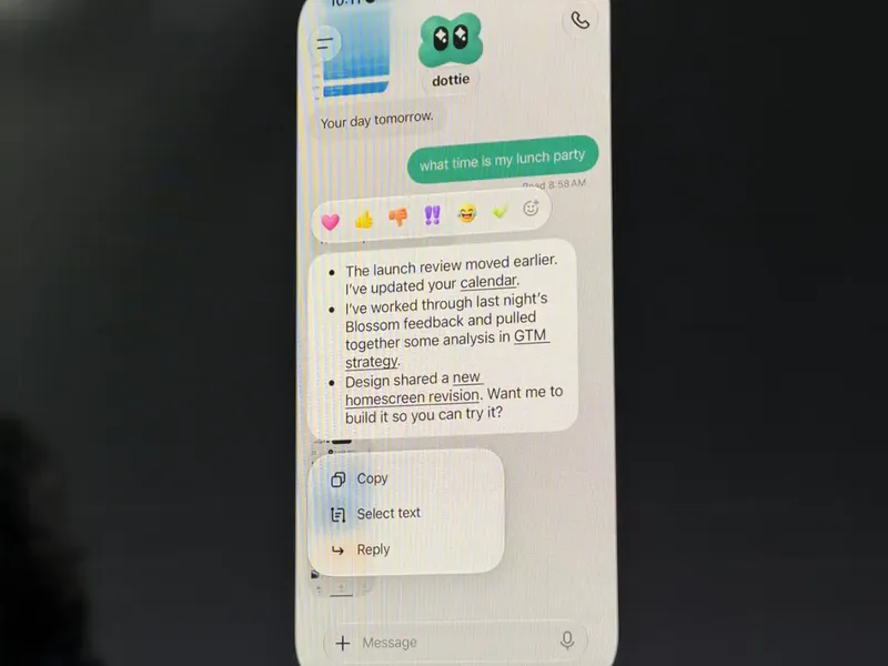 A close-up of a smartphone shows a chat with an assistant named “dottie.” After 