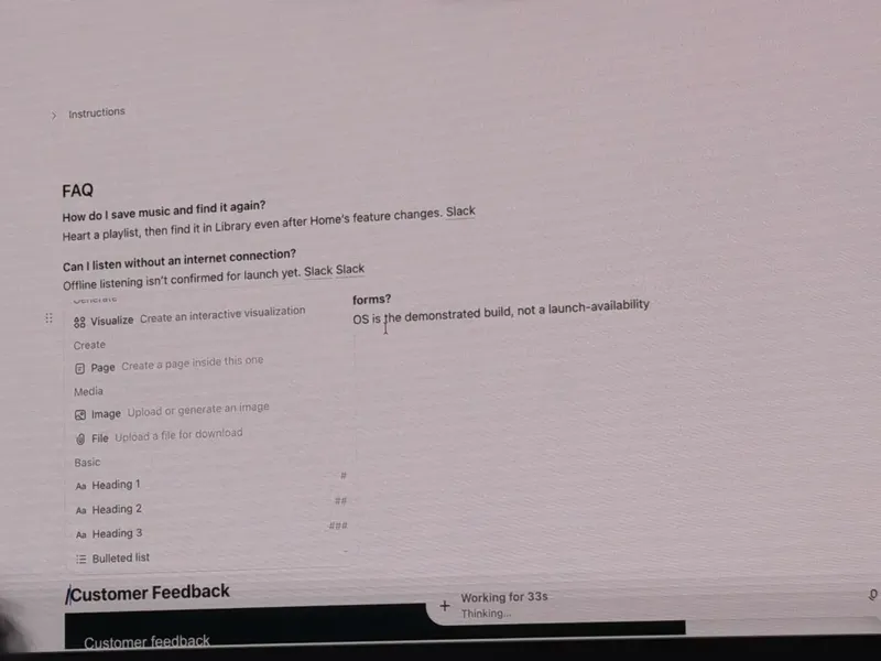 A computer screen shows a document editor with an FAQ about saving music and off