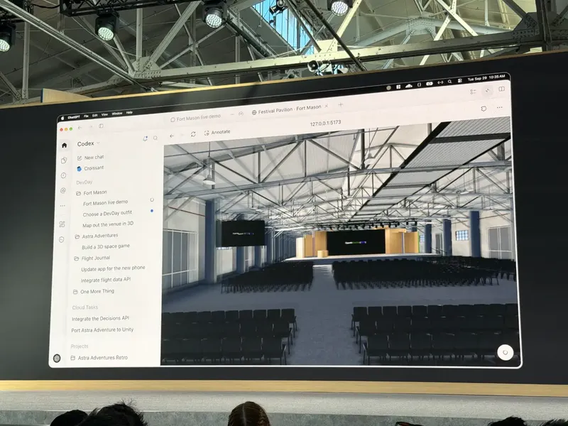 A large display at a tech event shows a computer-generated view of Fort Mason’s 